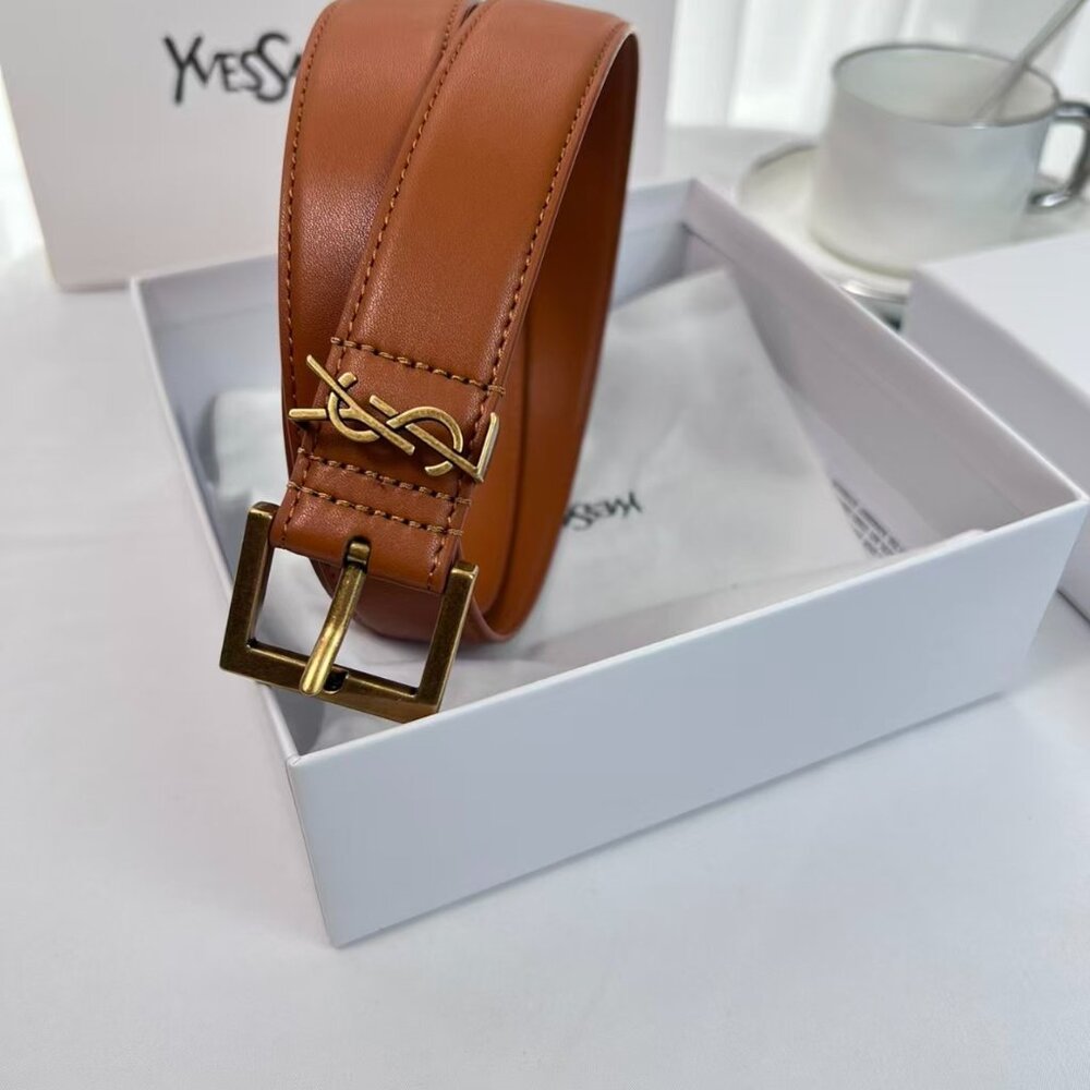 YSL Yves Saint Laurent Brown Cowhide Leather Belt Size 85 Gold Buckle - Picture 8 of 9